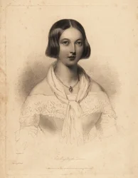 Young Queen Victoria, early 20s. Steel stipple engraving by William Henry Mote after an illustration by William Drummond from Charles Heath’s English Pearls, or Portraits for the Boudoir, Tilt and Bogue, London