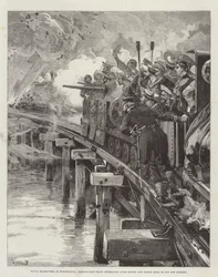 Naval Manoeuvres at Portsmouth, Armour-Clad Train Retreating over Bridge and Firing Mine to Cut Off Pursuit