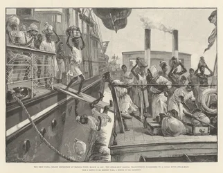 The Emin Pasha Relief Expedition at Banana Point, 18 March 1887, the Steam-Ship Madura transferring Passengers to a Congo River Steam-Boat