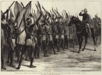 The Zulu War, General Lord Chelmsford reviewing the Native Contingent on the Banks of the Tugela, Natives shouting H-H-Ooo!