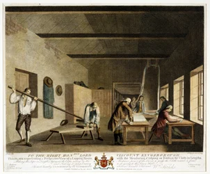 To the Right Honorable Lord Viscount Kingsborough... This Plate Representing a Perspective View of a Lapping Room, with the Measuring, Crisping or Folding the Cloth in Lengths, Plate XI, The Linen Manufacture