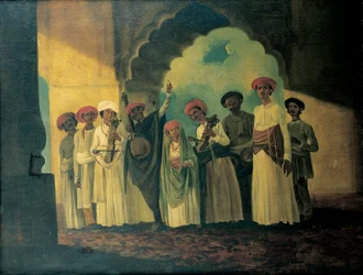 Group of Indian Musicians Playing a Sarangi, a Tambura and Tablas, with a Girl Dancing on a Terrace