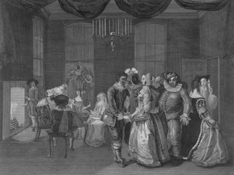Interior view of Somerset House showing figures dressed for a masquerade
