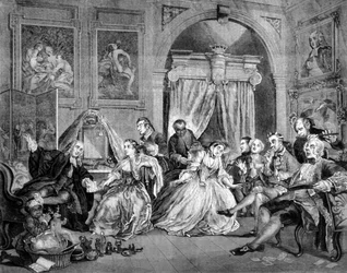 Marriage in Fashion: series of 6 satirical boards on the wedding of wealthy people. Engraving by William Hogarth. 1745
