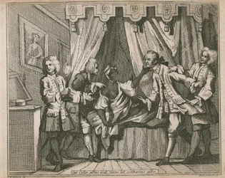 Four men confront a black woman in her bedroom