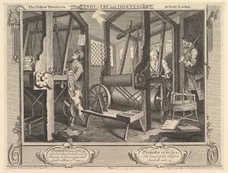 The Fellow Prentices at their Looms: Industry and Idleness, plate 1