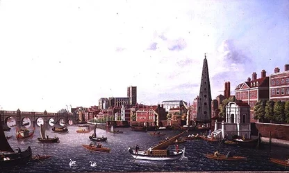 View of the River Thames at York Steps looking towards Westminster Abbey