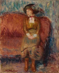 Woman Seated on Red Sofa