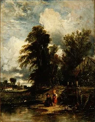 Millpond with children fishing