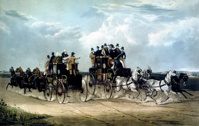 The Brighton Day Mails passing over Hockward Common, engraved by Charles Hunt