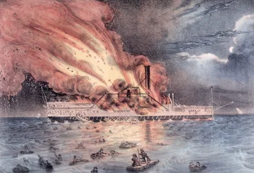 The conflagration of the steam boat Lexington in Long Island Sound, 13th January 1840