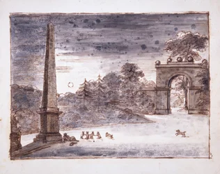 Chiswick, Burlington Lane Gate and the Obelisk in Moonlight with Kent Sitting by the Obelisk Dreaming, and Rabbits at Play