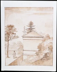 Chiswick, View of the Side of the Deer House Taken from the Inner Embankment of the Ha-Ha of the Deer Enclosure and with a Glimpse of the Doric Column (pen & wash on paper)