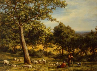 A Shepherd and His Flock in a Sunlit Wooded Landscape