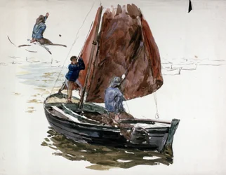 A man and a boy aboard a small sailing boat