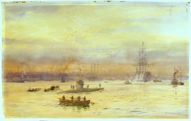 This view looks up the harbour on the Gosport side where a submarine is running in, with another ahead of it.
