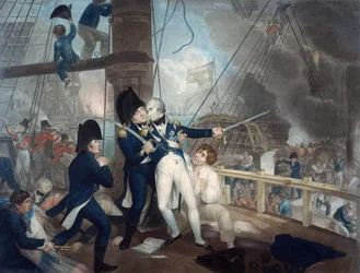 The Battle of Trafalgar and the Death of Nelson - William Marshall Craig (ca. 1765-1827) - 1806 - Etching, watercolour - Private Collection
