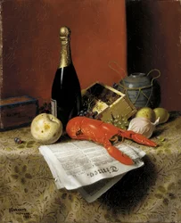 Still Life with Lobster, Fruit, Champagne and Newspaper
