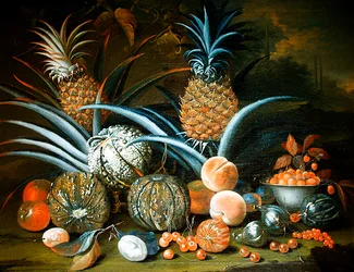 Still Life of Pineapples, Melons, Peaches, Strawberries, Cherries and Other Fruit