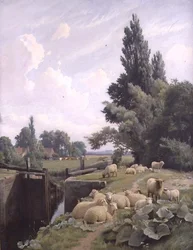 Landscape with a Canal Lock and a Flock of Sheep
