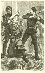 His hand was held up against the stake, and struck off