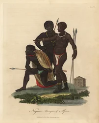 South African Natives with Spears, Animal Skin Coat, Necklace