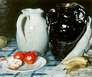 Still Life with Apples and Bananas, and a large Jug and Vase