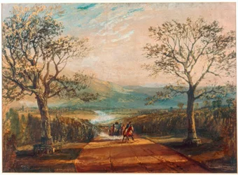 Coach on road through dale, moors behind