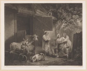 Milkmaid and Two Farmhands by a Stable