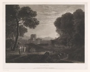 Landscape with Gate and Tower on the Bank of a River, Evening (title on object)