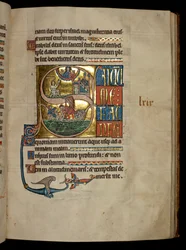 Psalm 68, Initial S, Jonah Praying to Christ on His Exit from the Whale and Jonah Thrown to the Whale, Illustration from the 