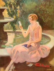 Young woman reading a love letter by a fountain, c.1925