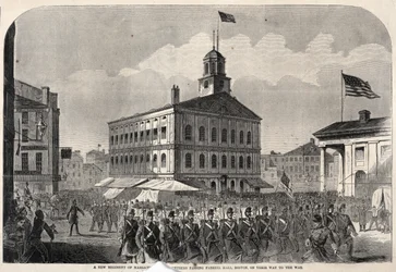 A New Regiment of Massachusetts Volunteers Passing Faneuil Hall, Boston, on Their Way to War