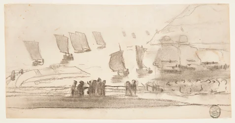 Beach Scene with People and Fishing Boats, Cullercoats, England, 1881–82