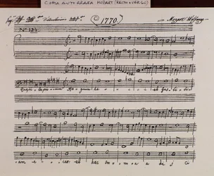Sheet music page for Querite primum regnum Dei by Mozart, version corrected by father Martini (1770)