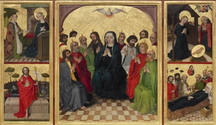 Retable of the Holy Spirit open. Pentecost, Annunciation, Nativity, Resurrection of Christ and Death of the Virgin, c. 1448