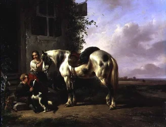 Exterior of an Inn with Young Girl, Boy, Dog, Horse
