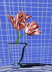 Red Tulips Blue Grid