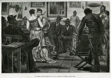 A musico at the port of Antwerp, where sailors can drink and dance to the sound of the prickly organ. Engraving by X.Mellery, to illustrate the story of Belgium, by Camille Lemonnier, published in the Tour du monde, edited by Edouard Charton (1807-1890)