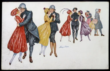 Military and their fiancées, marainnes or friends - illustration by Xavier Sager (1870-1930) postcard, c.1915