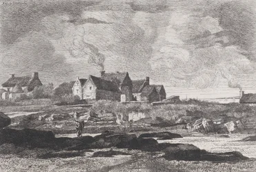 Country landscape with a river running at right and houses in the background