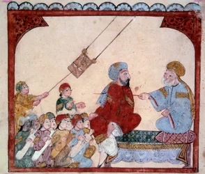 The wandering navigator Abu-Zayd. Miniature from the Maqamat (Seances) by Abu Mohammed al-Kasim ibn Ali Hariri (1054-1122) illuminated by Yahya Mahmud al-Wasiti