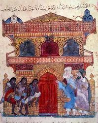 The bourgeois al-Harith, son of Hammam, and the wandering navigator Abu-Zayd in front of the palace of King. Miniature from the Maqamat (Seances) of Abu Mohammed al-Kasim ibn Ali Hariri (1054-1122)