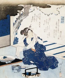 Courtesan wearing yukata, wall panel decorated with poem