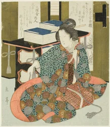 A Woman Pulling the Cord of a Wheeled Book Case, from the series 