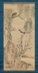 Birds in Willows and Blossoming Peach Tree