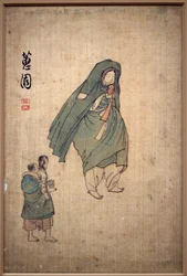 Woman wrapped in her coat, passing by two children