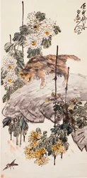 Cat, Bird and Chrysanthemums