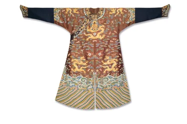 Imperial chestnut embroidered gauze dragon robe, Mangpao, Qianlong Period