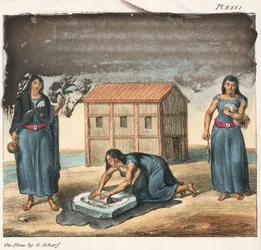 Araucano Indian Women Grinding Corn and Spinning, Chile